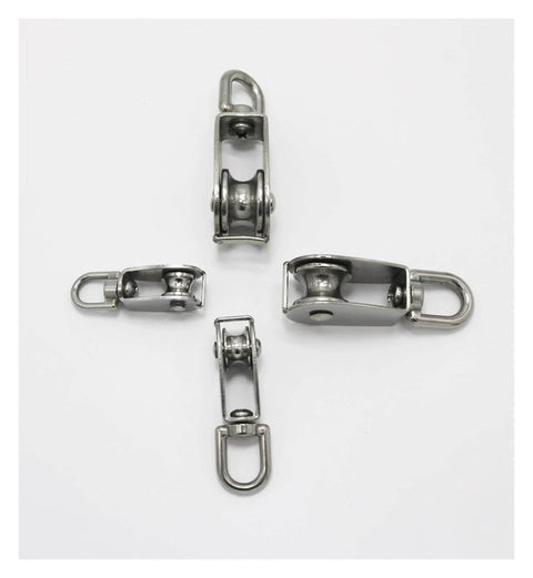 Four stainless steel Single Swivel Lifting 0.3" Rope Pulley Roller Block Sheave 0.03 Ton (M20 Double) on white background.