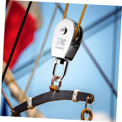 304 Stainless Steel Single Block Pulley 3 Pack Heavy Duty Swivel Pulley for Lifting Rope Pulling and DIY Projects, shown in use with rope.