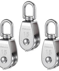 Small Pulley, 3 Pack M15 Cable Pulley, 304 Stainless Steel Pulleyblock in a set with Crane Swivel Hook for lifting and gym equipment