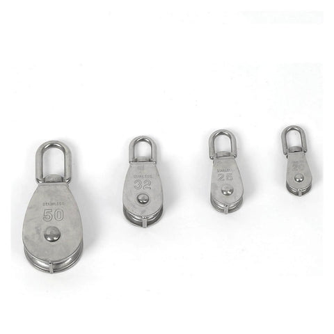 Stainless Steel Pulley M25 Single Wheel Swivel Lifting Rope Pulley Set Lifting Wheel Tools M25 in varying sizes.
