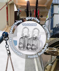 Pulley 304 Stainless Steel Single Pulley Block M25 Small Heavy Duty Swivel Bearing Pulley System for Rigging, Lifting, Cargo Transportation, Gym Equipment (M25 2PCS) shown in various uses including rigging ropes and lifting bicycles.