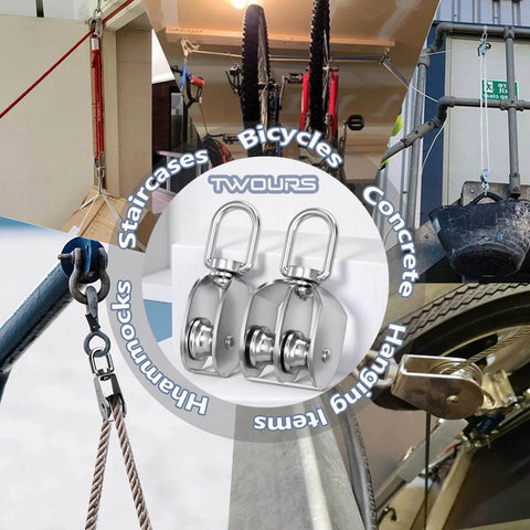 Pulley 304 Stainless Steel Single Pulley Block M25 Small Heavy Duty Swivel Bearing Pulley System for Rigging, Lifting, Cargo Transportation, Gym Equipment (M25 2PCS) shown in various uses including rigging ropes and lifting bicycles.