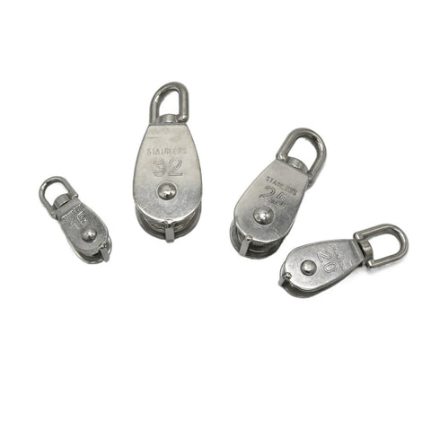 Four stainless steel pulleys of different sizes for Single Swivel Lifting 0.3" Rope Pulley Roller Block Sheave 0.03 Ton(M20 Double).