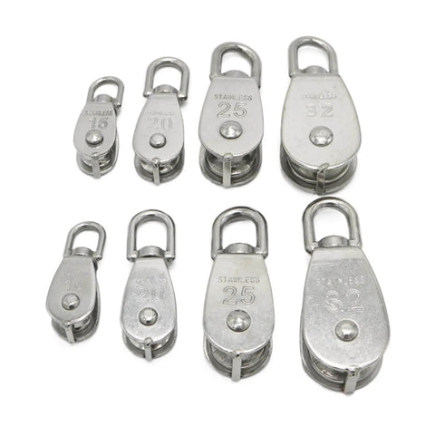 Array of various sizes of stainless steel pulleys with swivel heads, including Single Swivel Lifting 0.3" Rope Pulley Roller Block Sheave 0.03 Ton(M20 Double)