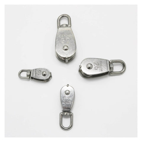 Four Single Swivel Lifting 0.3" Rope Pulley Roller Block Sheave 0.03 Ton(M20 Double) shown in various angles