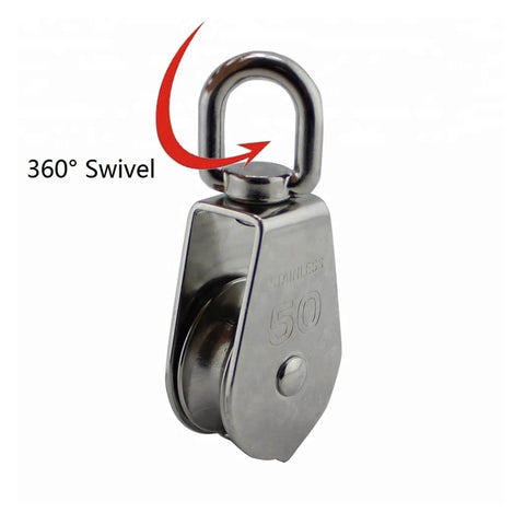 Front view of 2-Pack 304 Stainless Single Sheave Open Block Pulley 32mm for Canoe Marine Boat Hardware with 360° swivel.
