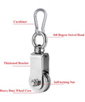 Pulley Wheel U Swivel Roller Stainless Steel Cable Pulley Block 360 Degree Rotating Rope Wheel with Carabiner front view