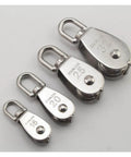 Stainless Steel Pulley M32 Single Wheel Swivel Lifting Rope Pulley Set with multiple pulley sizes displayed.