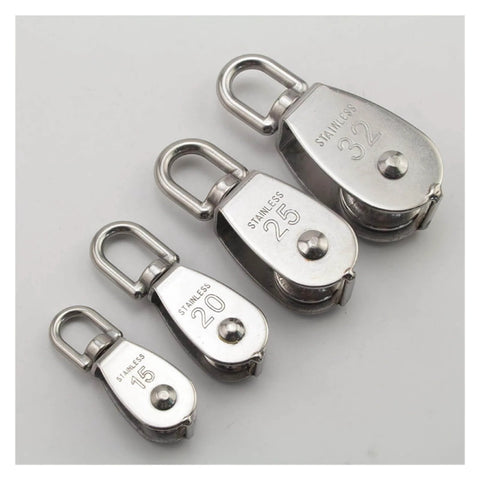 Stainless Steel Pulley M32 Single Wheel Swivel Lifting Rope Pulley Set with multiple pulley sizes displayed.