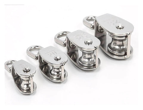 Four different sizes of Stainless Steel Pulley M32 Single Wheel Swivel Lifting Rope Pulley Set Lifting Wheel Tools(M32) displayed.