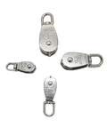 Four stainless steel M20 Single Swivel Lifting 0.3" Rope Pulley Roller Block Sheave 0.03 Ton Timing Pulley(M20) arranged on a white background.
