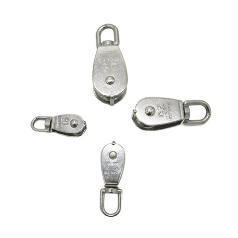 Four stainless steel M20 Single Swivel Lifting 0.3" Rope Pulley Roller Block Sheave 0.03 Ton Timing Pulley(M20) arranged on a white background.
