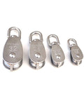 Four stainless steel single wheel pulleys in different sizes including M20, showcasing 304 stainless steel bodies and swivel wheels.