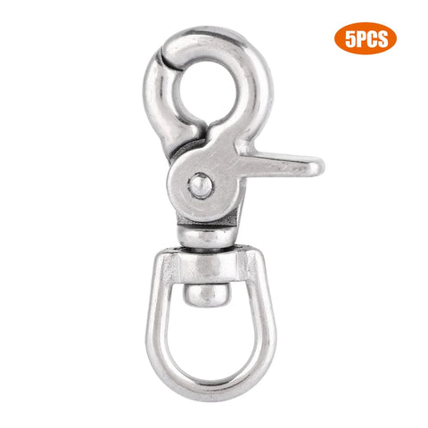 Front view of stainless steel trigger swivel snap hook with polished finish; marine-grade, 5-piece set.