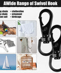Stainless Steel Swivel Eye Snap Hook 2.7 Inch Heavy Duty Clips 5 Pack for Flagpole Rope Bird Feeders Pet Chains Dog Tie Out Cable and Keychains Anti Tangle 360 Degree Rotation displayed with various uses including pet chain and keychain.