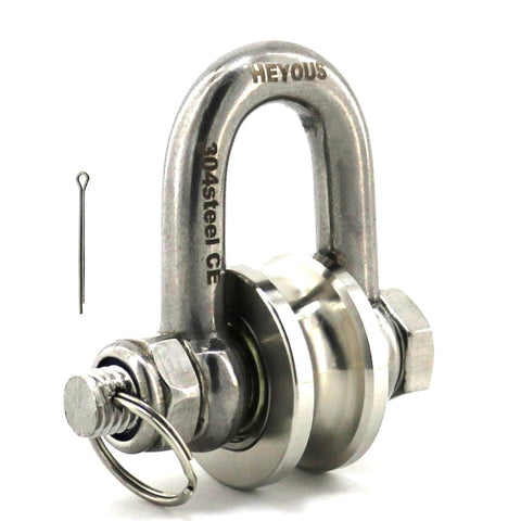 Long Unbuckled U Shaped Swivelling Pulley Stainless Steel Duplex Bearing Silver Pulley Roller Track Fixed Pulley Suitable for Small Cranes and Salvage Systems and Pulley Model, side view