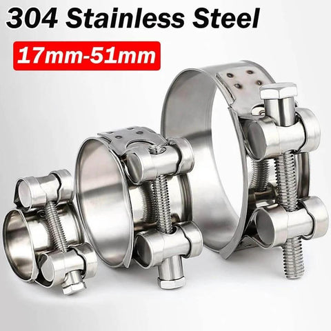 Stainless Steel T Bolt Tube Clamps Heavy Duty Hose Clip For Water Line Connections Premium Corrosion Resistant Clamp For Home And Industrial Plumbing Applications 36 To 39mm Size With Adjustable Clamp Range 17 To 51mm White Finish, shown in three sizes