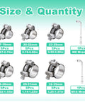 Stainless Steel T Bolt Hose Clamp Kit 32 Piece Set With Six Size Ranges 17 To 19mm 20 To 22mm 23 To 25mm 26 To 28mm 29 To 31mm 32 To 35mm Heavy Duty Adjustable Tube Clamps With M8 And M10 Socket Wrenches. Display of clamps and wrenches.