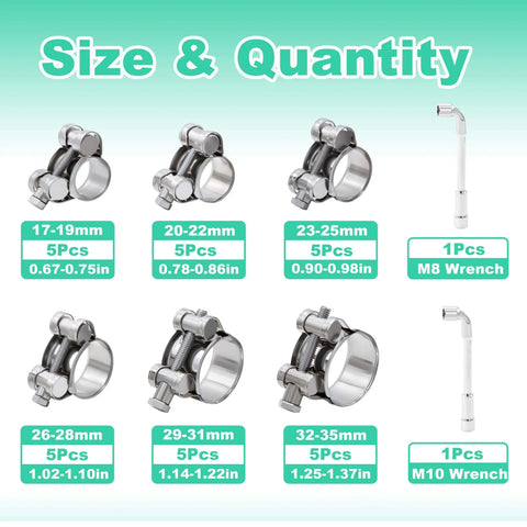 Stainless Steel T Bolt Hose Clamp Kit 32 Piece Set With Six Size Ranges 17 To 19mm 20 To 22mm 23 To 25mm 26 To 28mm 29 To 31mm 32 To 35mm Heavy Duty Adjustable Tube Clamps With M8 And M10 Socket Wrenches. Display of clamps and wrenches.