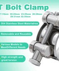 Close-up of Stainless Steel T Bolt Hose Clamp Kit 32 Piece Set showing adjustable screw and clamp highlights on teal background.