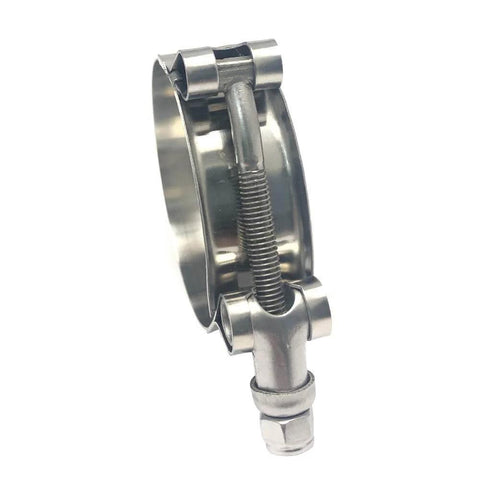 Close-up of 2 Pack 2 Inch Stainless Steel T Bolt Hose Clamps With 56 To 64 Mm Range For 2 Inch Hose ID Heavy Duty Leak Proof Clamp Set.