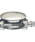 Side view of a 2 Pack 2 Inch Stainless Steel T Bolt Hose Clamps With 56 To 64 Mm Range For 2 Inch Hose ID Heavy Duty Leak Proof Clamp Set.
