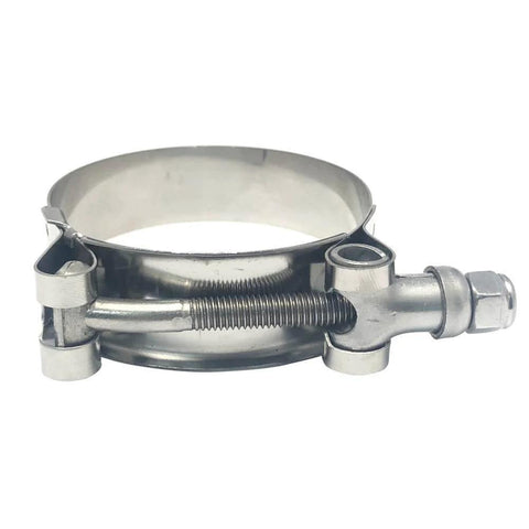 Side view of a 2 Pack 2 Inch Stainless Steel T Bolt Hose Clamps With 56 To 64 Mm Range For 2 Inch Hose ID Heavy Duty Leak Proof Clamp Set.