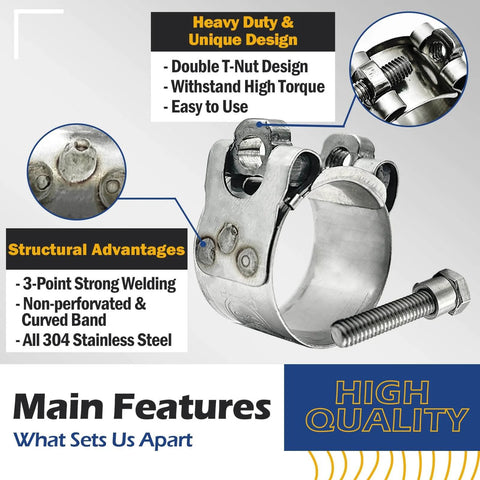 Heavy Duty 304 Stainless Steel T Bolt Hose Clamps For 74-79 Mm Hoses Adjustable Range Wide Band With Solid T Nuts