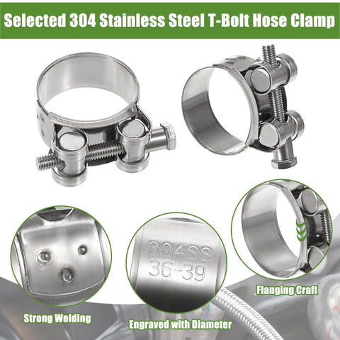 Stainless Steel T Bolt Hose Clamps Set Of 14 In Seven Sizes Ranging From 17 To 39 Mm Heavy Duty Turbo Intake Intercooler Pipe And Radiator Hose Clamps For Automotive Farm And Garden Machinery showing detailed metal and engraving features.