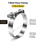 Close-up view of a single 4 Pack 304 Stainless Steel T Bolt Hose Clamp 81mm To 89mm Adjustable Range, suitable for silicone coolant hoses.