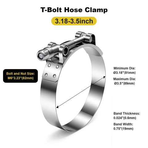 Close-up view of a single 4 Pack 304 Stainless Steel T Bolt Hose Clamp 81mm To 89mm Adjustable Range, suitable for silicone coolant hoses.