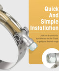 Close-up view of 16 Piece Set T Bolt Hose Clamps 304 Stainless Steel Heavy Duty Turbo Intake Intercooler Clamps, featuring a wrench for installation.