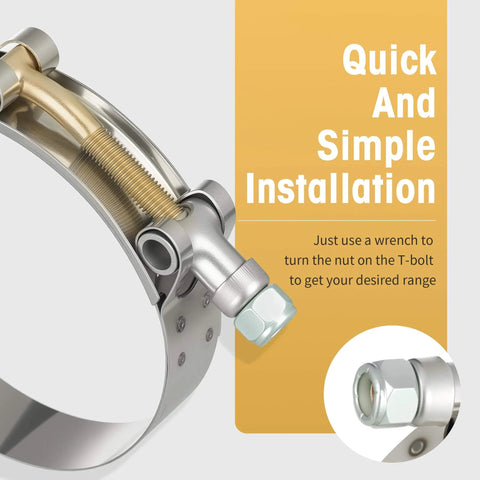 Close-up view of 16 Piece Set T Bolt Hose Clamps 304 Stainless Steel Heavy Duty Turbo Intake Intercooler Clamps, featuring a wrench for installation.