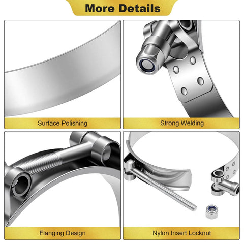 Close-up details of 4 Pack 304 Stainless Steel T Bolt Hose Clamps 81mm To 89mm Adjustable Range for Silicone Coolant Hoses