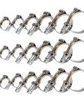 18 Pcs T Bolt Hose Clamp Kit Stainless Steel 304 Heavy Duty Clamps For Radiator Turbo Intercooler Hoses Includes Six Sizes From Three Quarter Inch To Two Inch Working Range Twenty Eight To Sixty Four Millimeter Hose ID, front view of clamps in various sizes