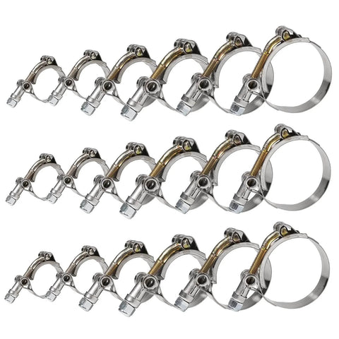 18 Pcs T Bolt Hose Clamp Kit Stainless Steel 304 Heavy Duty Clamps For Radiator Turbo Intercooler Hoses Includes Six Sizes From Three Quarter Inch To Two Inch Working Range Twenty Eight To Sixty Four Millimeter Hose ID, front view of clamps in various sizes