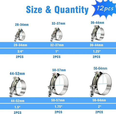 12 Piece Peromi T Bolt Radiator Hose Clamp Set Heavy Duty Stainless Steel Clamps In Six Sizes From Three Quarter Inch To Two Inch