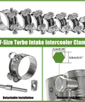 Stainless Steel T Bolt Hose Clamps Set Of 14 In Seven Sizes Ranging From 17 To 39 Mm Heavy Duty Turbo Intake Intercooler Pipe And Radiator Hose Clamps For Automotive Farm And Garden Machinery shown in various views including measurements and components.
