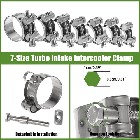 Stainless Steel T Bolt Hose Clamps Set Of 14 In Seven Sizes Ranging From 17 To 39 Mm Heavy Duty Turbo Intake Intercooler Pipe And Radiator Hose Clamps For Automotive Farm And Garden Machinery shown in various views including measurements and components.