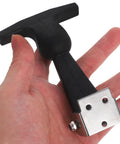 2-piece black T-handle draw latch with silver mounting plate, close-up view