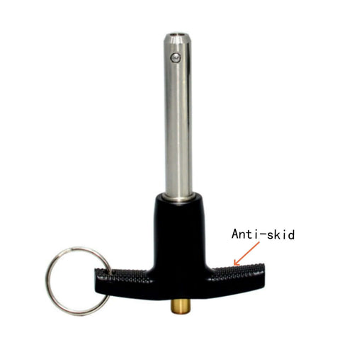 Stainless Steel 304 Push-Button Quick Release Pin T Handle Lock Pin, Pin Dia 3/8IN, Usage Length 65MM, with Lanyard Cable, front view.