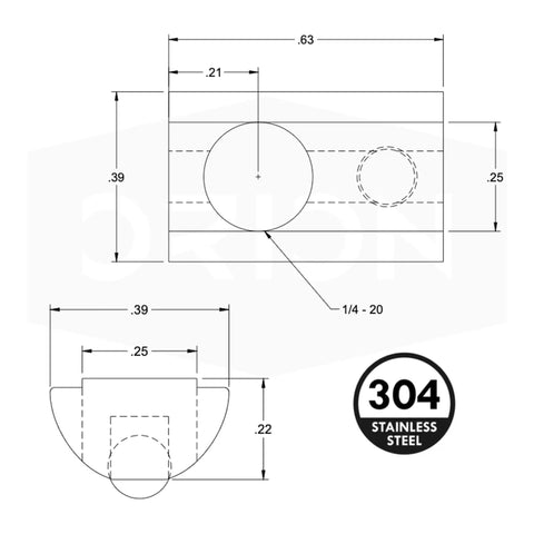 Technical diagram of Ten Series Stainless Steel Self Aligning Roll In T Nut With Ball Spring For One Quarter Twenty Thread