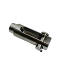 Close-up of Stainless T316 Right Hand Threaded Yoke End Three Eighths Inch, 1200 Lbs capacity, showing side view of metal construction.