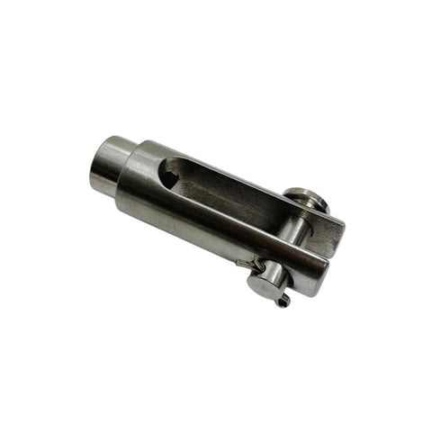 Close-up of Stainless T316 Right Hand Threaded Yoke End Three Eighths Inch, 1200 Lbs capacity, showing side view of metal construction.
