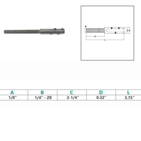 Diagram and specs for Stainless Steel T316 Marine 1/4-20 Set Screw Threaded Stud for 1/8 Inch Cable, displaying dimensions and measurements.