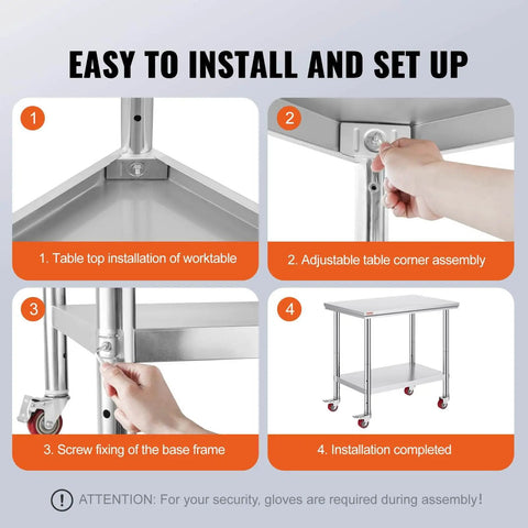 Assembly steps for Heavy Duty Stainless Steel Work Table With Four Rolling Casters 36 By 24 Inches Commercial Kitchen Food Prep Station For Restaurant Use Easy To Clean Durable Silver.