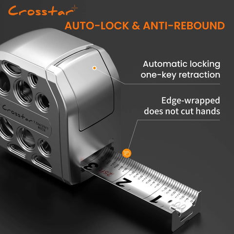 Close-up of a 25 Foot Magnetic Self Locking Stainless Steel Tape Measure With Dual Sided Imperial And Metric Scales Waterproof