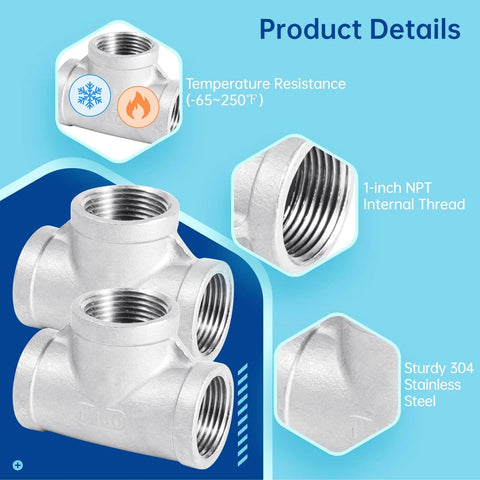 Stainless Steel Tee Pipe Fittings 2 Pack 1 Inch By 1 Inch By 1 Inch Female Thread 3 Way Tube Fittings with temperature resistance details