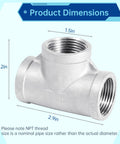Dimensions of Stainless Steel Tee Pipe Fittings 1x1x1 inch, showing measurements and threaded ends for gas, fuel, plumbing applications.