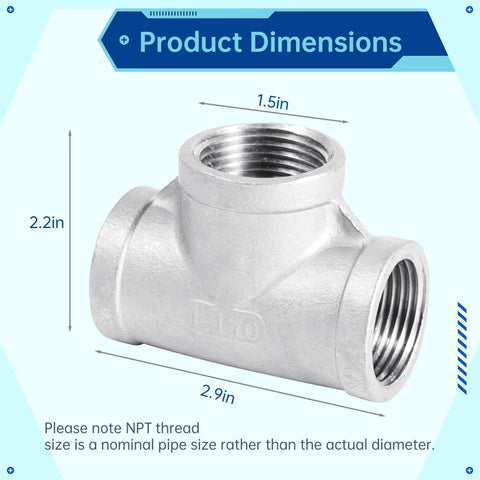 Dimensions of Stainless Steel Tee Pipe Fittings 1x1x1 inch, showing measurements and threaded ends for gas, fuel, plumbing applications.